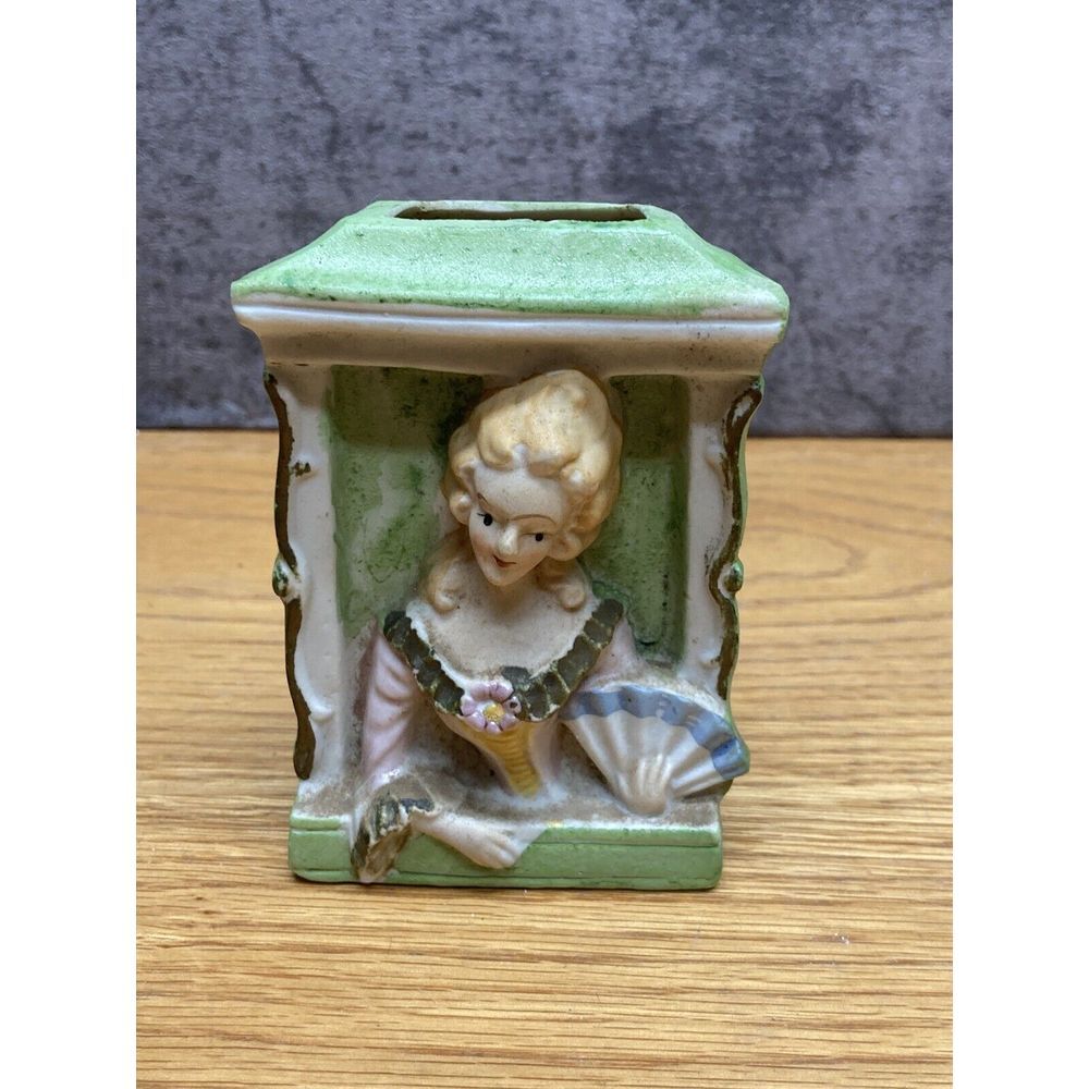 Vintage Match Holder Victorian Lady with Fan for tall long matches